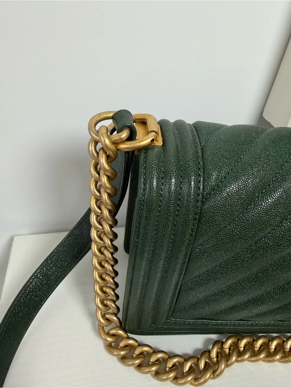 CHANEL Forest Green Chevron Boy Shoulder Bag with Gold Hardware